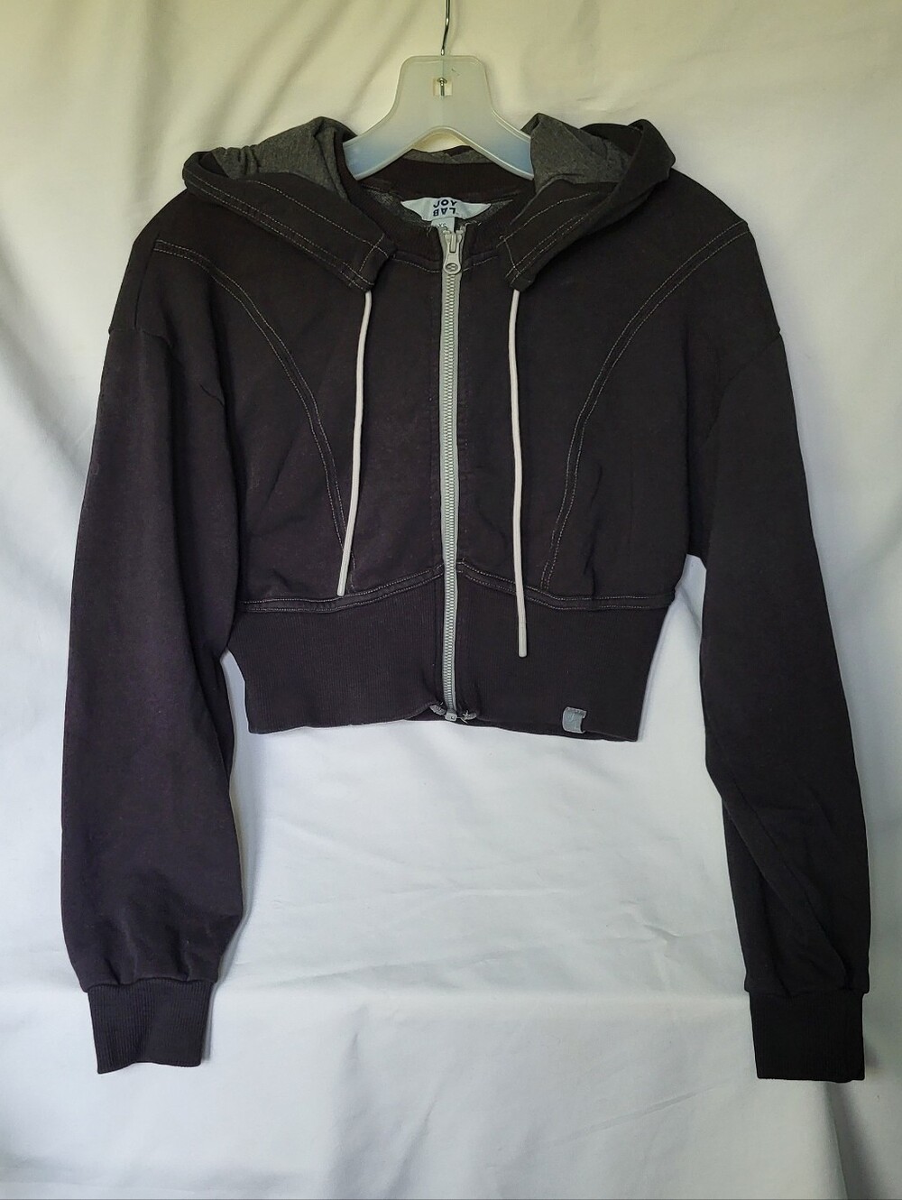 JoyLab Black Contrast Grey Stitcging Cropped Zip-Up Hoodie with Hood